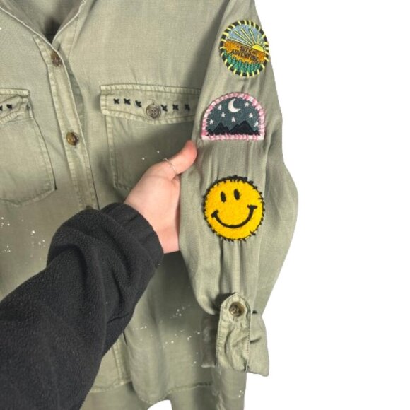 Lovestitch Womens Button Up Shirt Sz S Army Green Patches Paint Spatter Grunge - Picture 2 of 15